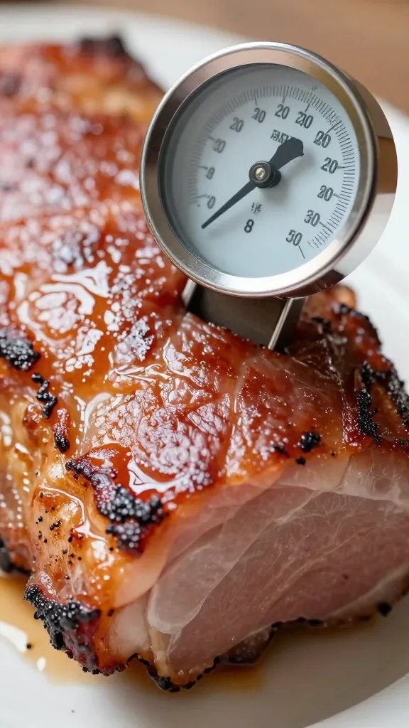 Meat thermometer in pork shoulder, juices glistening
