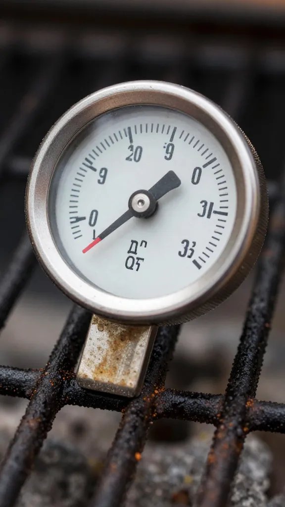 closeup of a single grill grate thermometer at 500°F