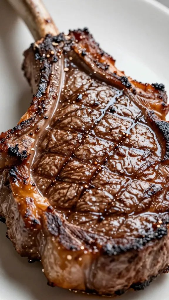 seared ribeye steak with deep brown crust, extreme closeup