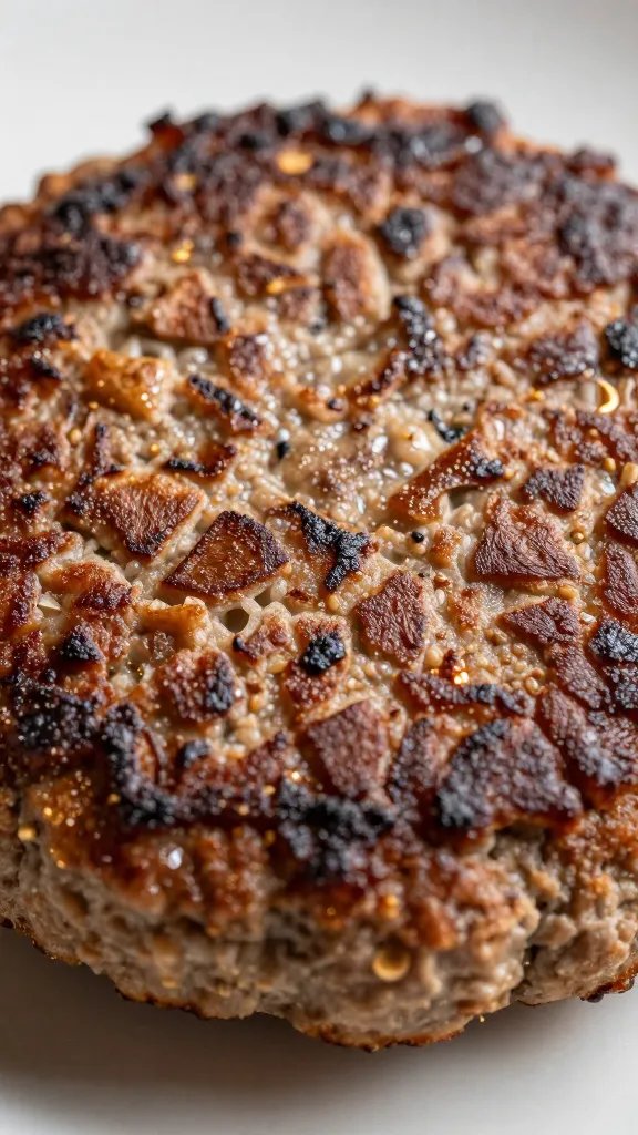 single burger patty with perfect Maillard crust, macro shot