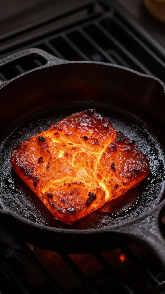 preheated cast-iron skillet on grill, glowing hot surface