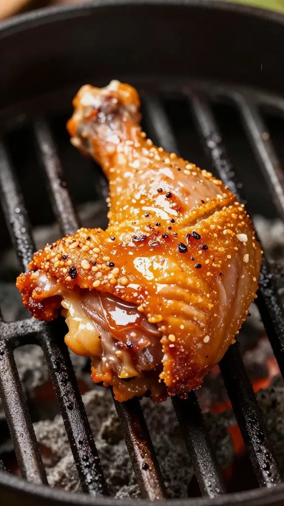 one chicken thigh with crisped skin, indirect heat side