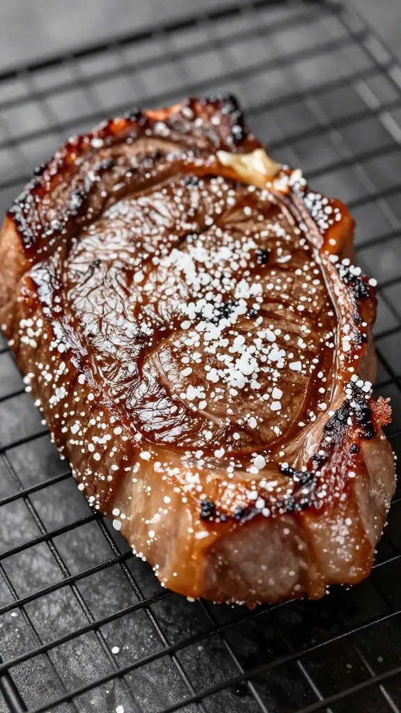 salt-crusted steak on wire rack, pre-sear rest closeup