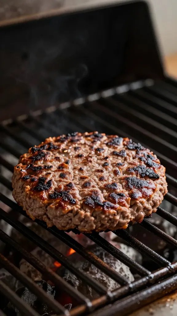 lone burger patty on cool indirect zone, focused shot