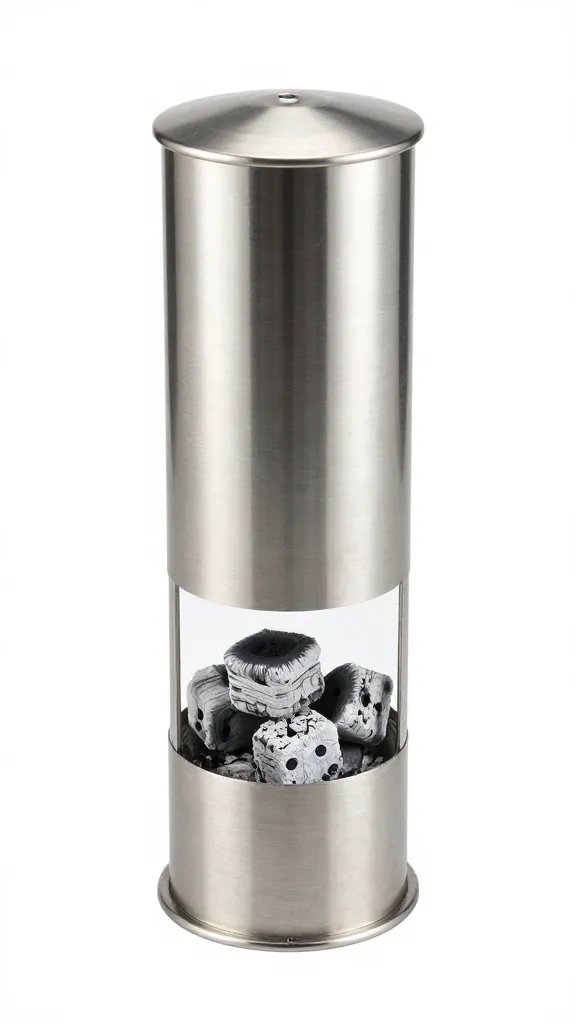 stainless steel chimney starter with fully ashed coals