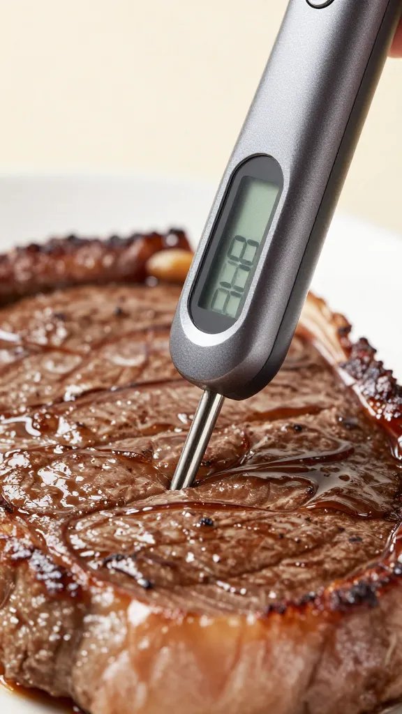 instant-read thermometer piercing steak, 130°F display closeup