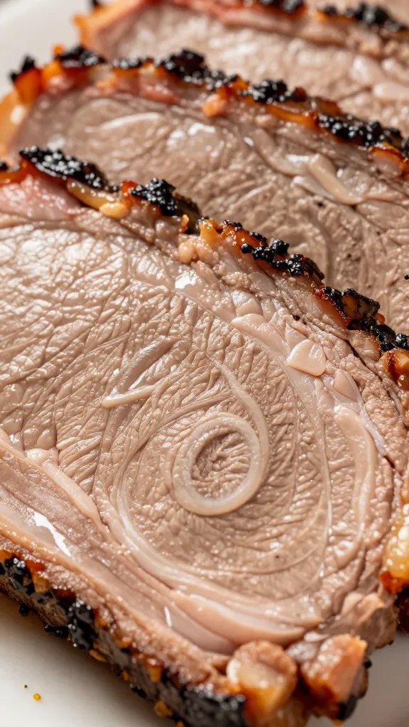 closeup of brisket slice with visible smoke ring