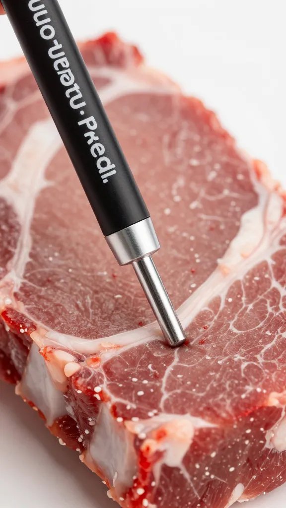 instant-read thermometer tip in rib meat, macro