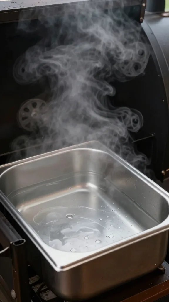 single water pan inside smoker, steam rising