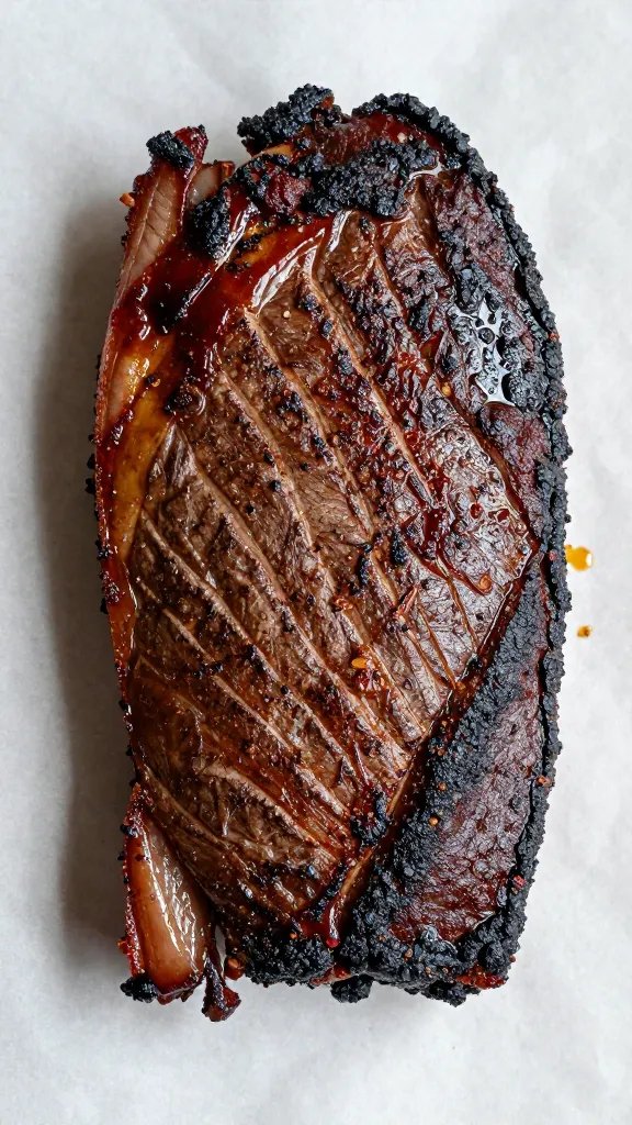 bbq rub-coated brisket flat on butcher paper, closeup