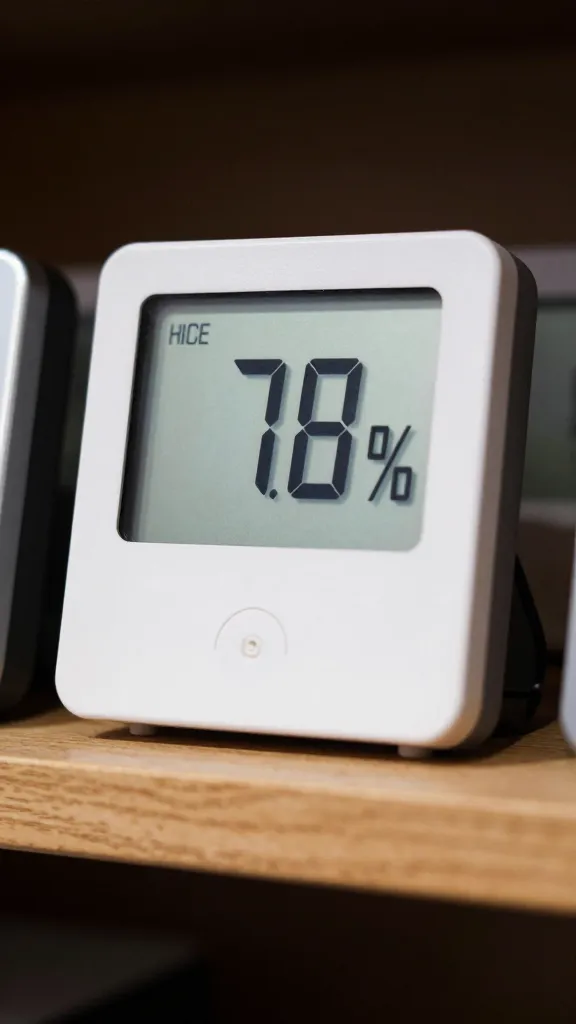 closeup hygrometer displaying 75% humidity on smoker shelf