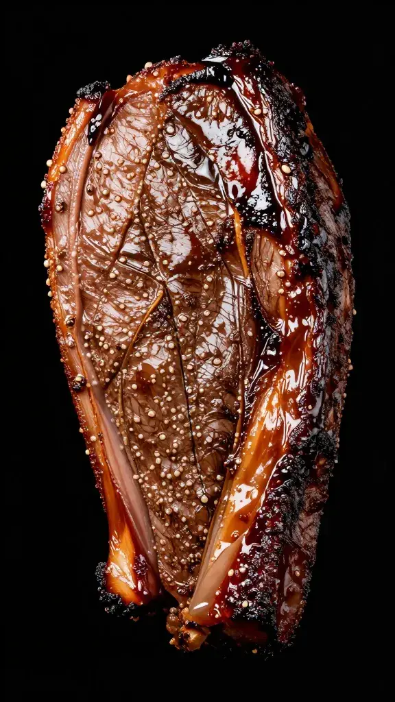 single brisket point with glossy bark under pit light