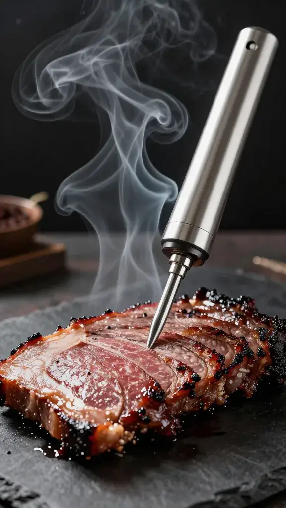 probe thermometer piercing brisket flat, smoke swirling