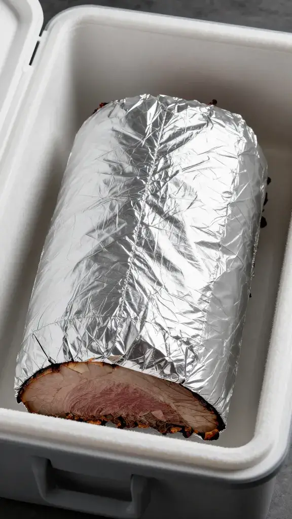 aluminum-wrapped brisket resting in insulated cambro