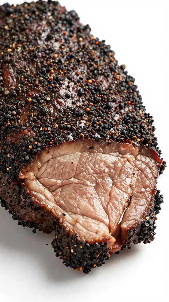 coarse black pepper rub crust on brisket slice macro