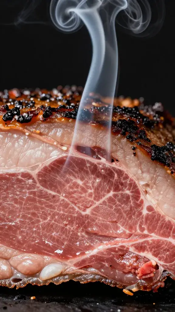 smoke ring cross-section on single brisket slice closeup