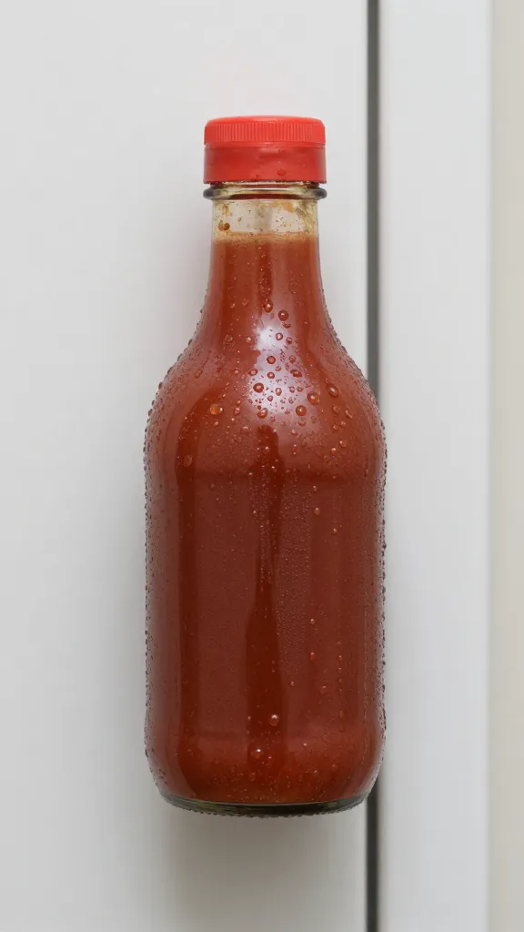condensation beads on cold sauce bottle near pit door