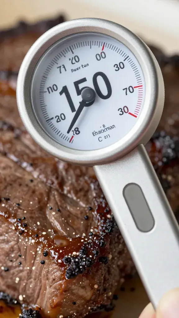 Probe thermometer reading 150°F in brisket bark, closeup