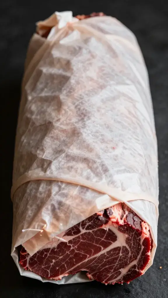 Single wrapped brisket in butcher paper, tight closeup
