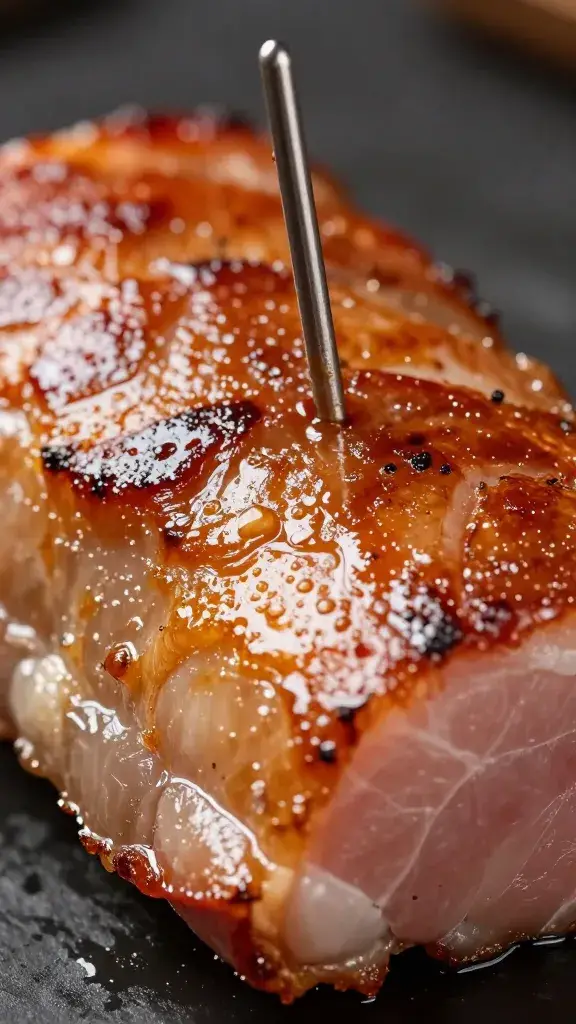 Pork shoulder with glistening bark, probe inserted, macro