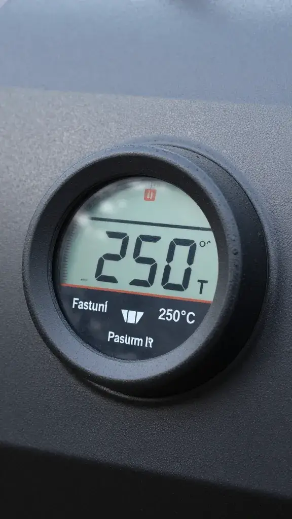Pellet smoker control panel set to 250°F, closeup
