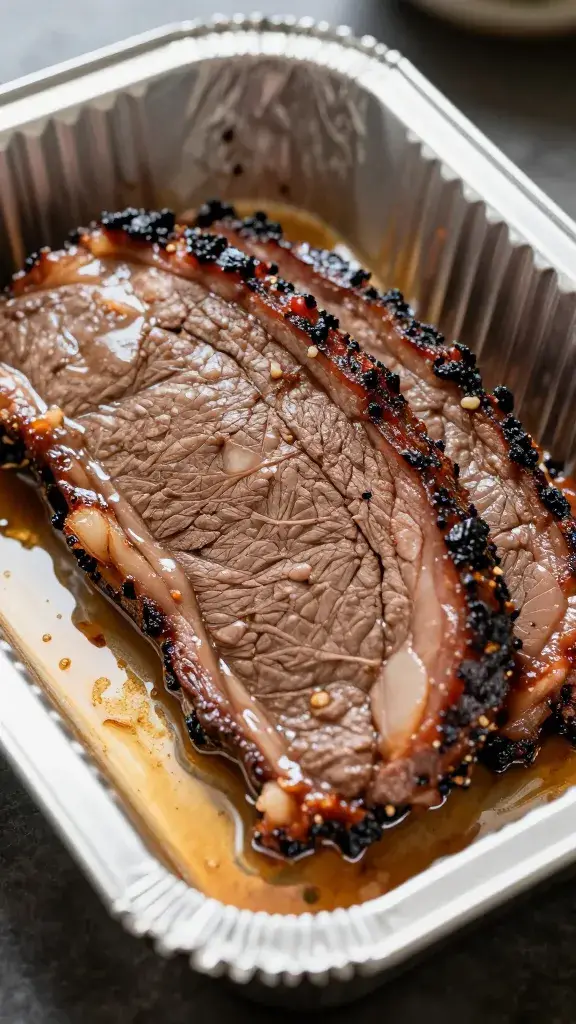 Resting brisket in foil pan, juices pooling, closeup