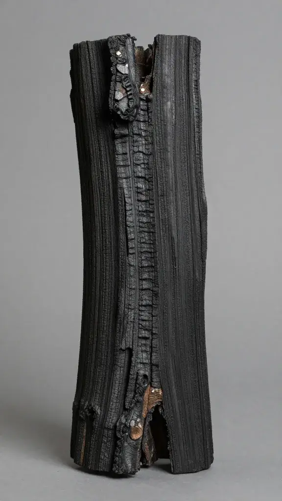 Single chunk of post oak wood, charred edge, macro