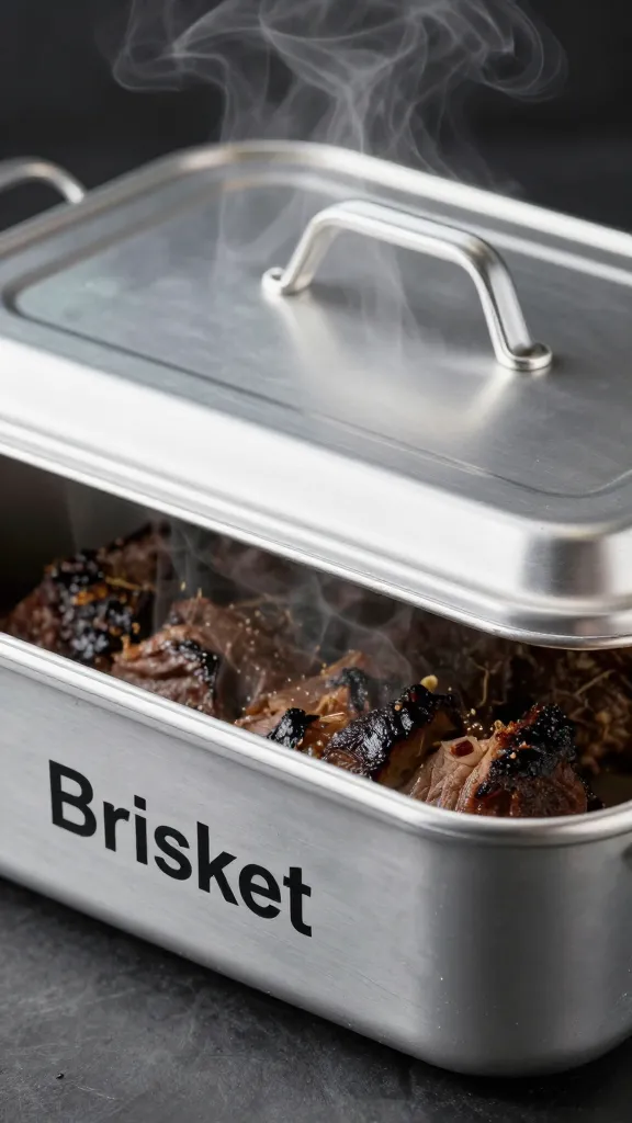 Aluminum steam table pan labeled “Brisket,” lid slightly ajar, closeup