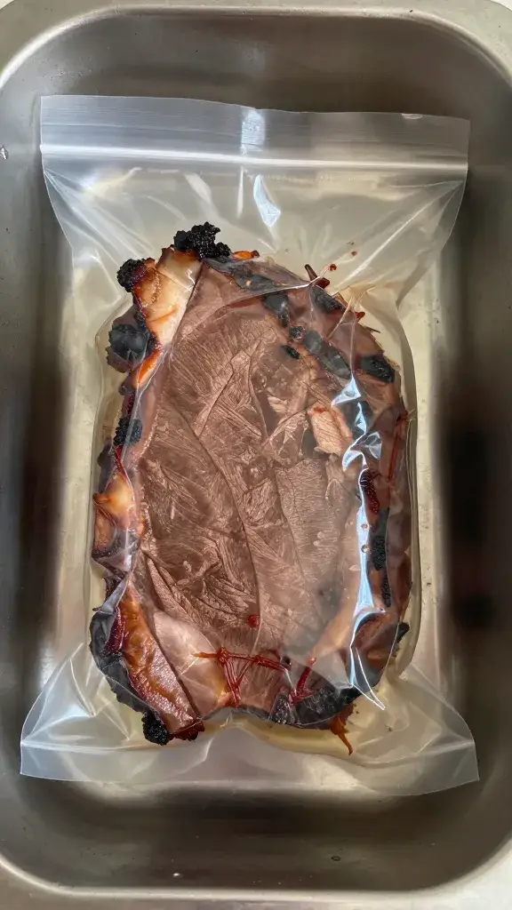 vacuum-sealed brisket bag submerged in sous vide bath