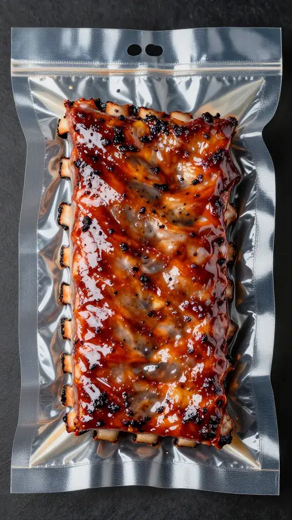 single rack of ribs vacuum-sealed with dry rub