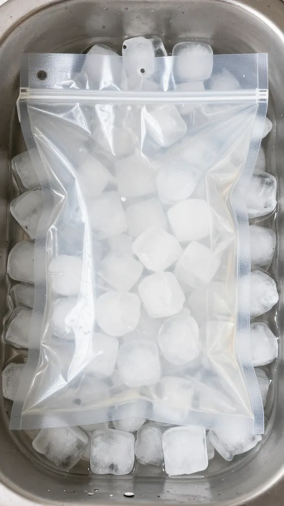 chilled vacuum bag resting in ice bath cubes