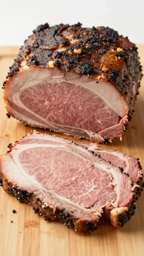 sliced brisket end on cutting board, visible smoke ring