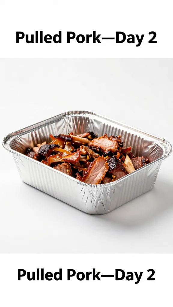 single aluminum hotel pan labeled “Pulled Pork—Day 2”