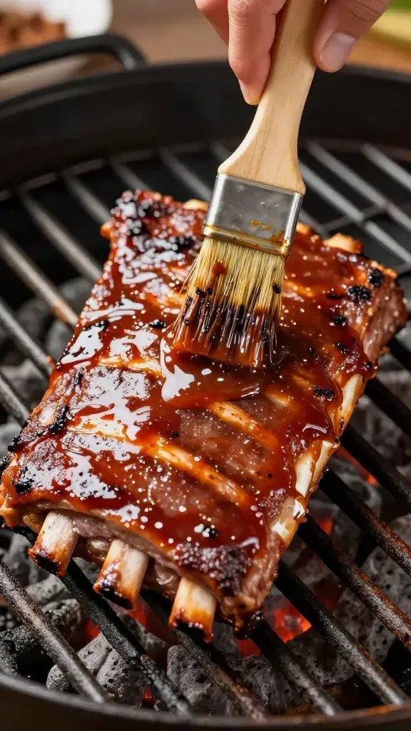 brushed barbecue sauce on rib slab over hot grill grates