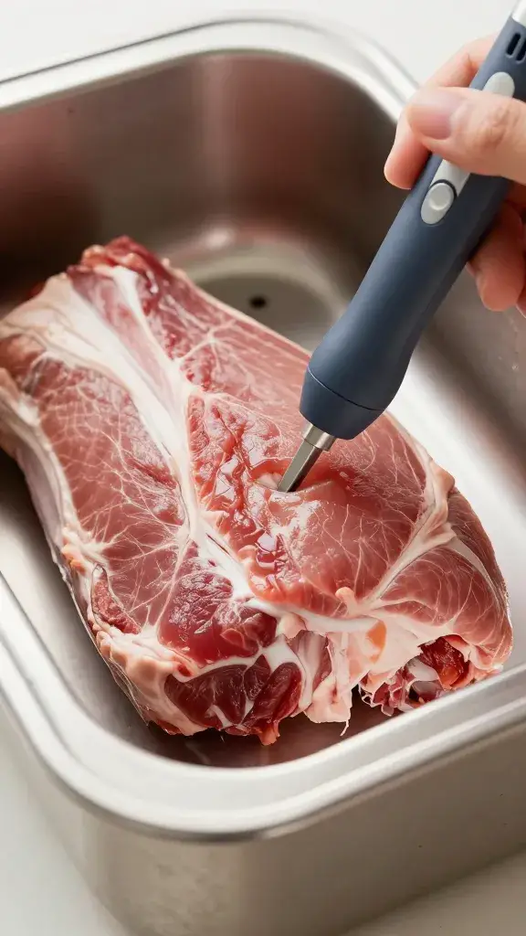 thermapen probe inserted into sous vide pork shoulder