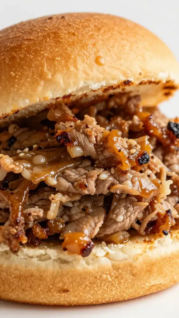 brioche bun piled with sous vide pulled pork, closeup