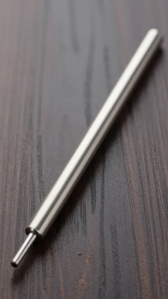 brushed stainless meat probe thermometer on dark wood