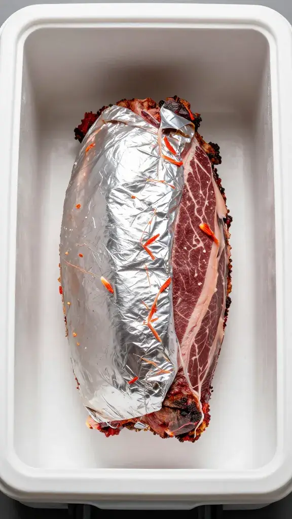 single foil-wrapped brisket resting in insulated cooler