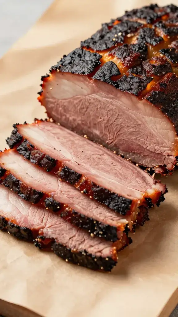 sliced smoked brisket on butcher paper closeup