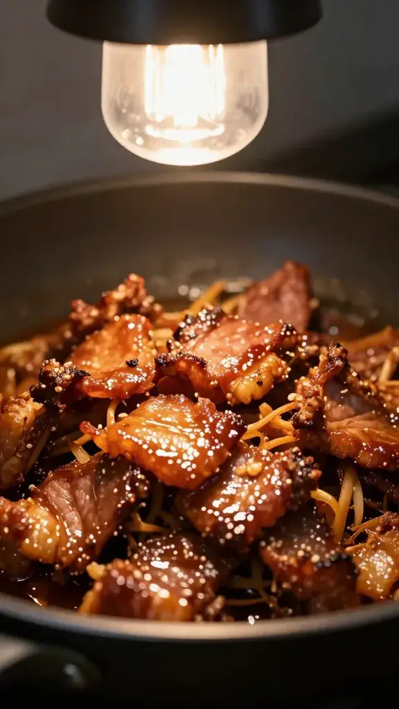 glossy pan of reheated pulled pork under heat lamp