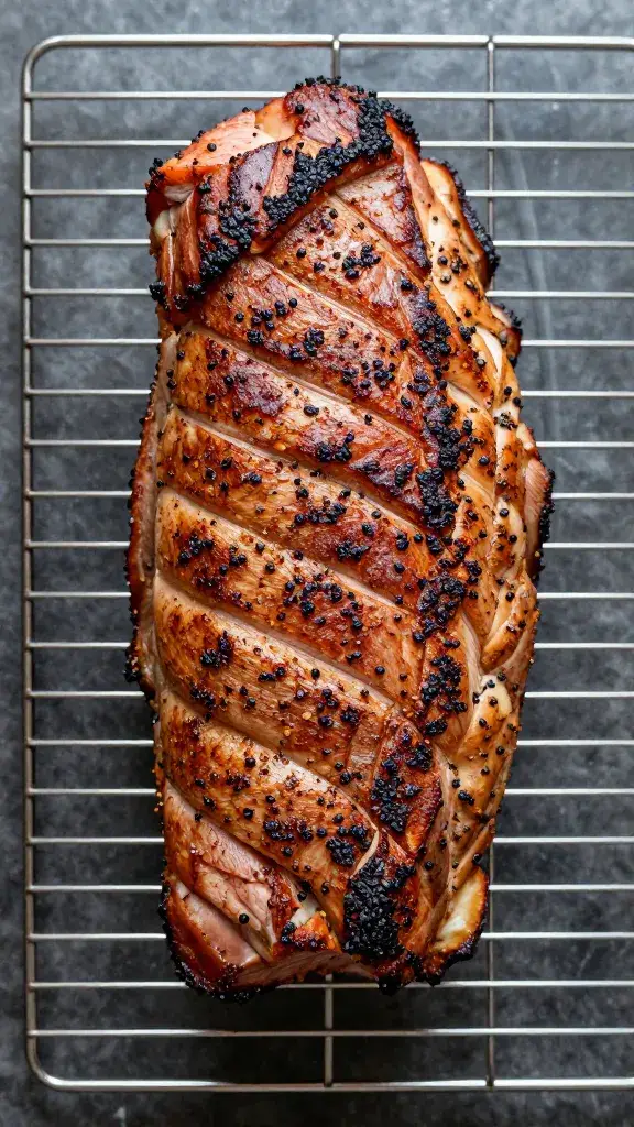 spice-rubbed pork shoulder on wire rack, overhead