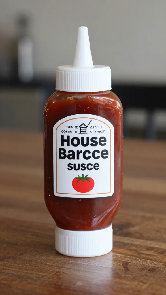 squeeze bottle of house barbecue sauce on prep table