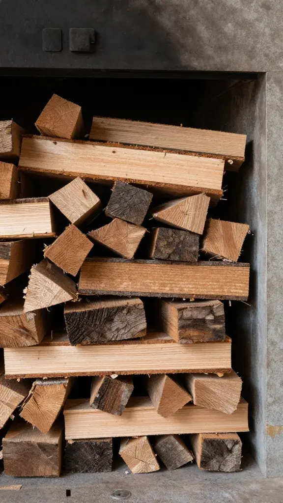 hardwood splits stacked beside firebox door