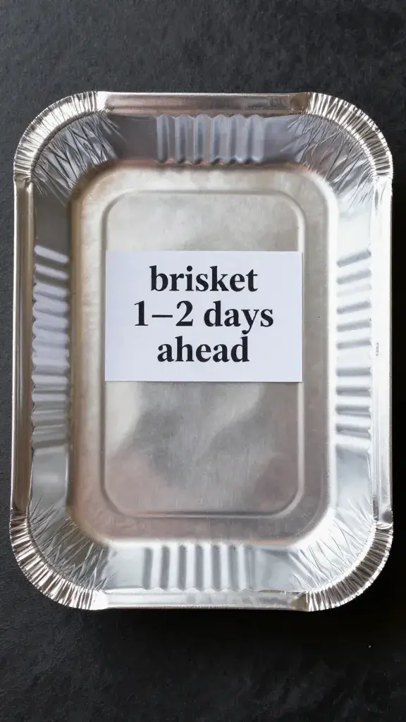 disposable foil tray labeled “brisket 1–2 days ahead”