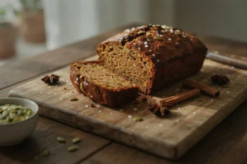 Whole pumpkin bread loaf with sliced piece showing dense moist crumb