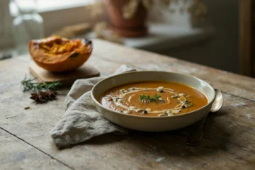 Bowl of roasted pumpkin soup with cream swirl and toasted pumpkin seeds on rustic table