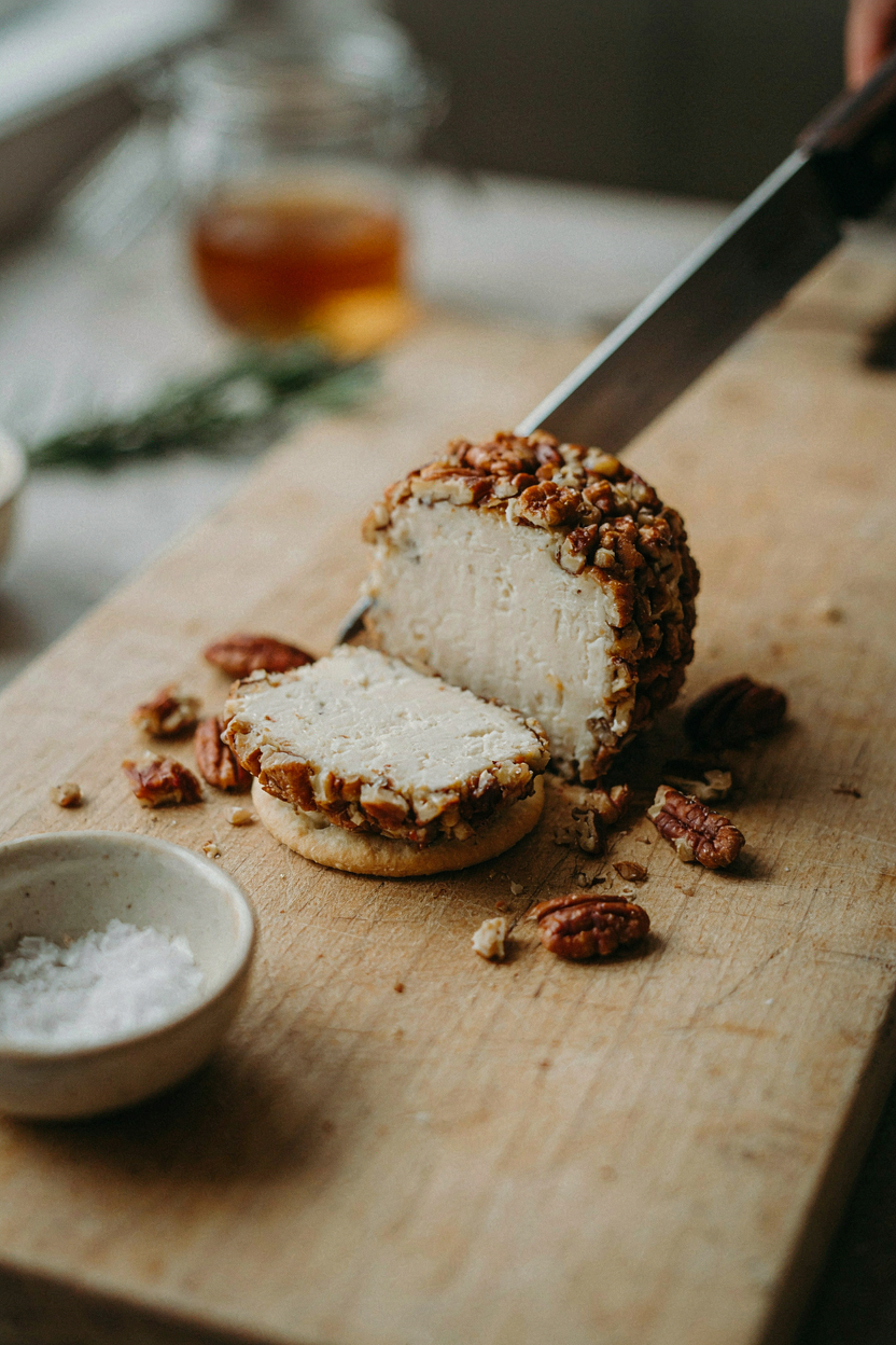 Close-up of cheese ball being sliced, creamy interior visible, pecan coating on outside
