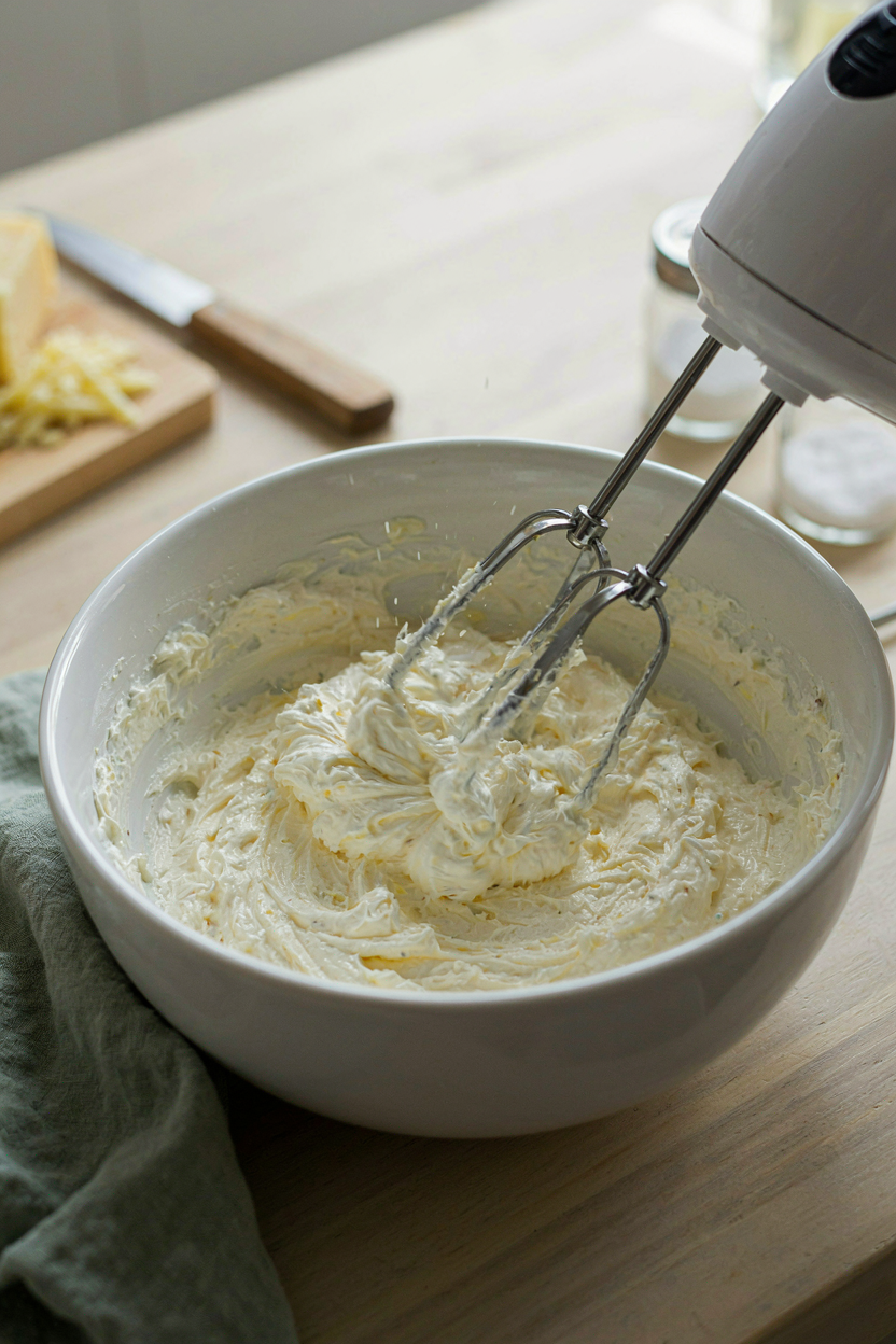 Cream cheese and cheddar being mixed together in large bowl