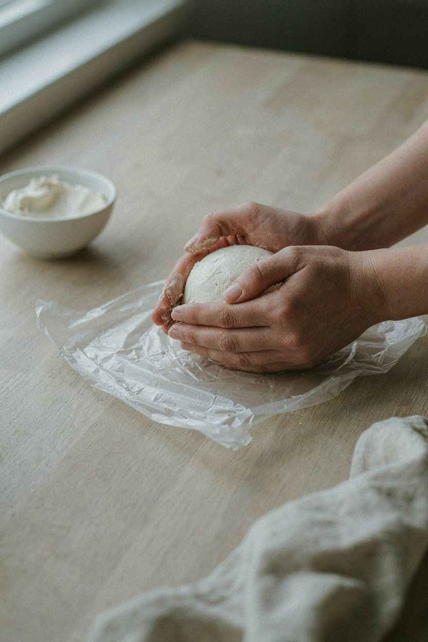 Hands shaping cream cheese mixture into ball on plastic wrap
