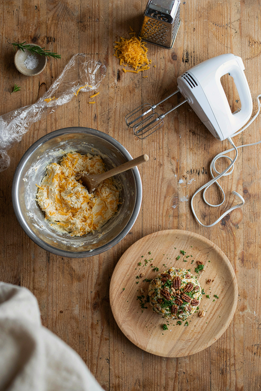 Cheese ball making tools arranged on rustic table